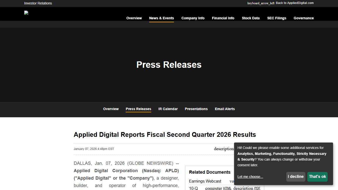 Applied Digital Reports Fiscal Second Quarter 2026 Results :: Applied Digital Corporation (APLD)